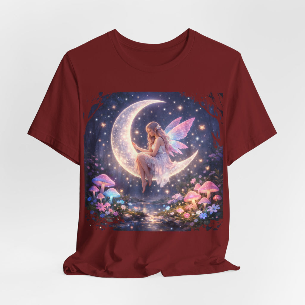 Fairy on the Moon T‑Shirt — Dreamy Fantasy Night Tee with Fairy and Mushrooms