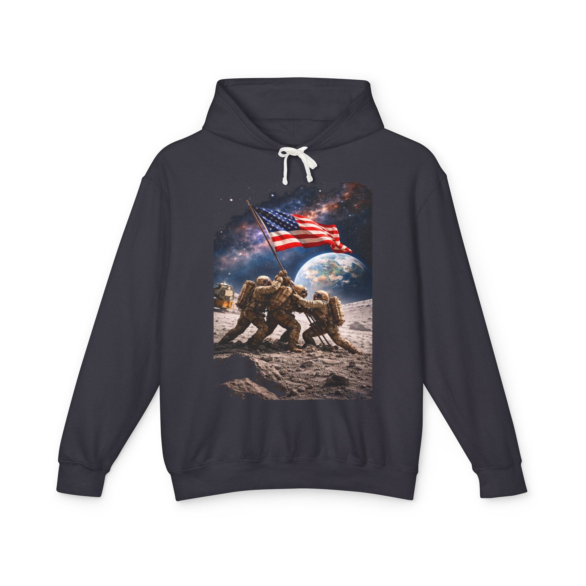 Patriotic Moon Landing Hoodie — Astronauts Raising American Flag Graphic