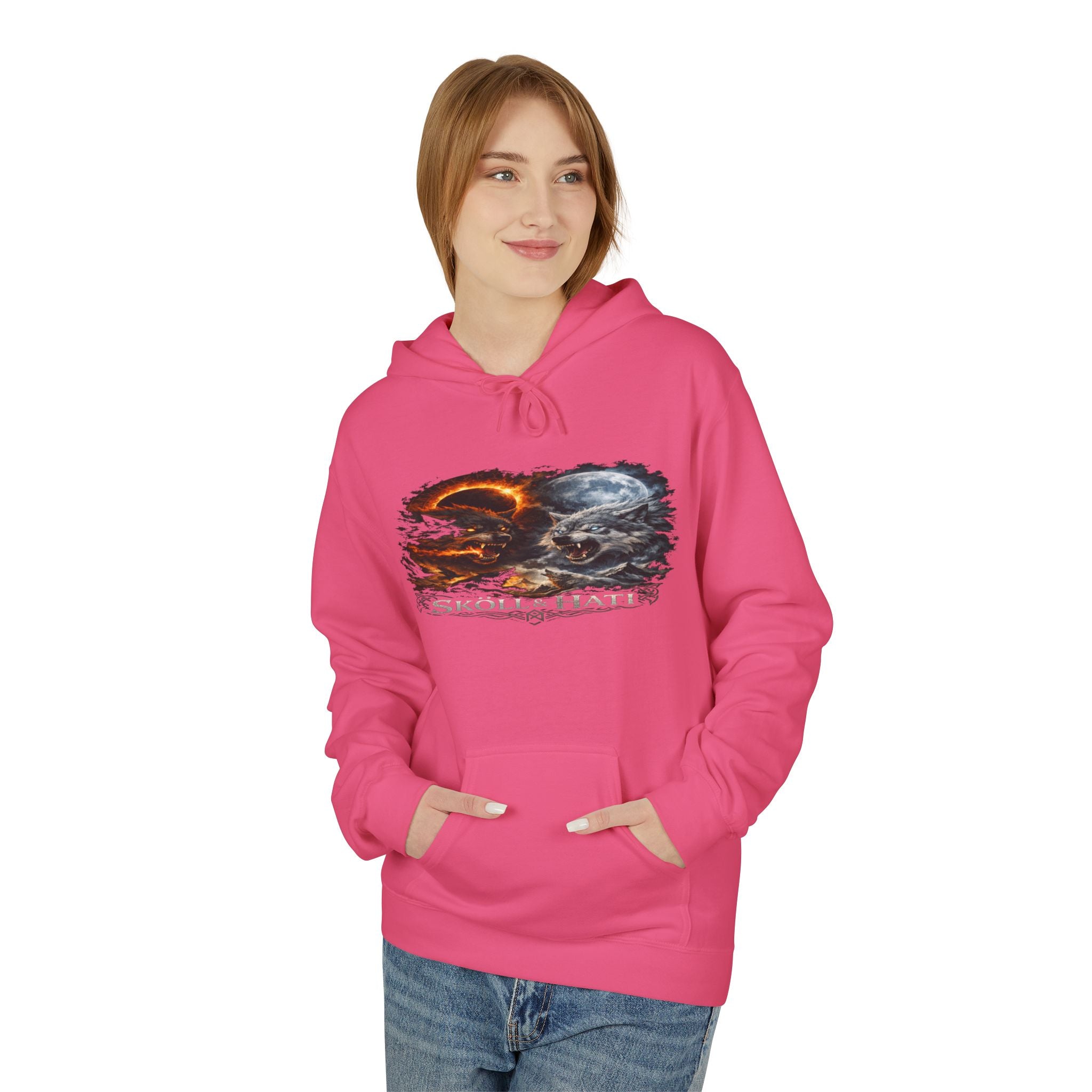 Skoll & Hati Norse Mythology Hoodie — Fire and Ice Wolves Graphic