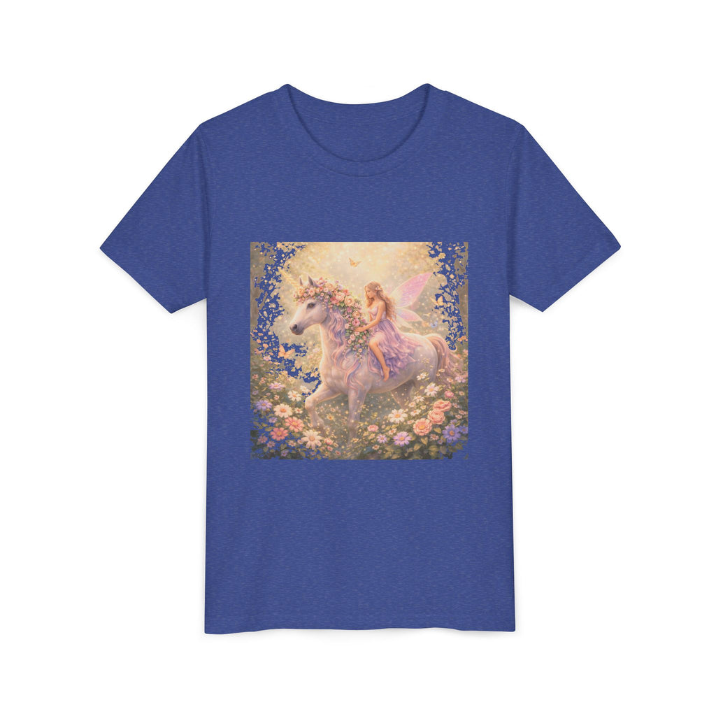Youth Tee — Magical Fairy Riding Unicorn in Floral Garden Kids Shirt