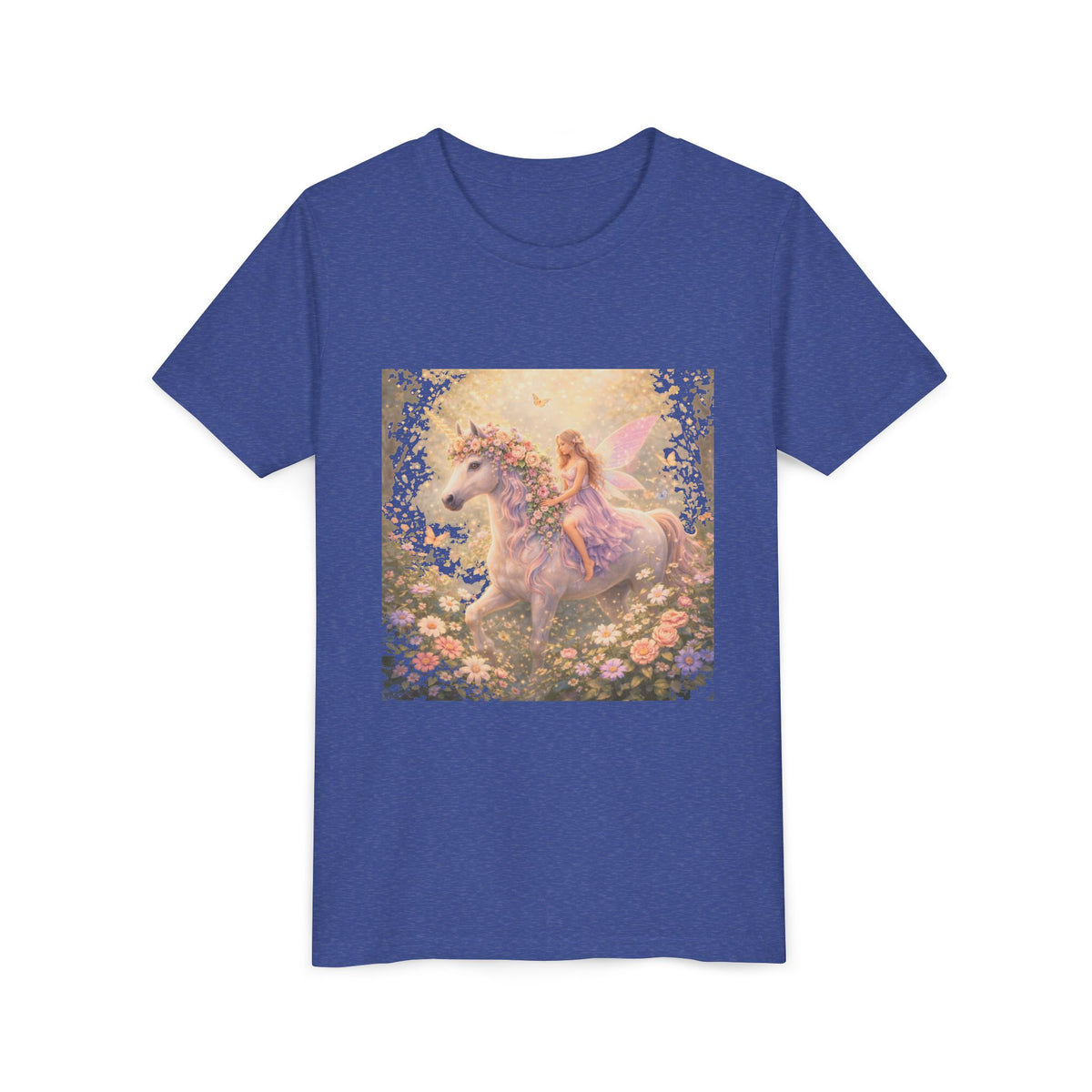 Youth Tee — Magical Fairy Riding Unicorn in Floral Garden Kids Shirt