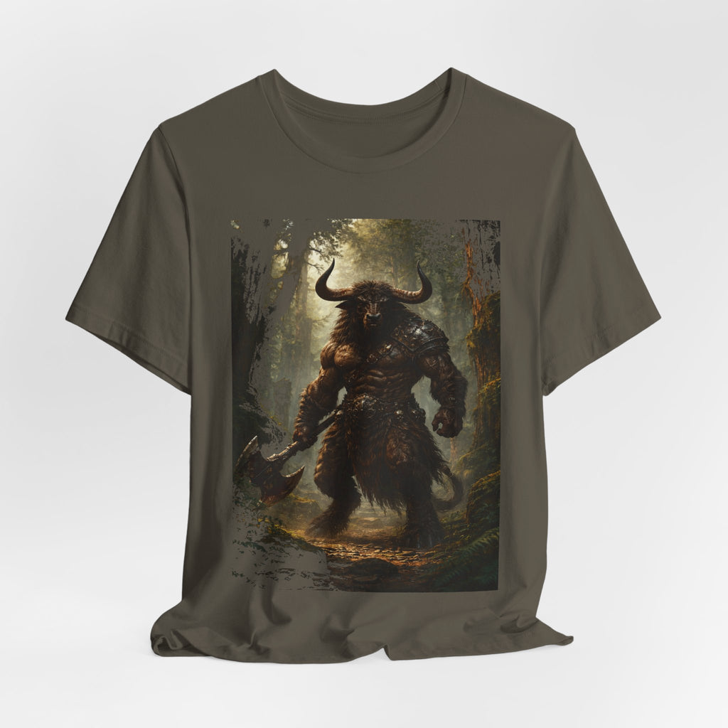 Minotaur Forest Warrior T-Shirt — Mythic Fantasy Creature Graphic Tee