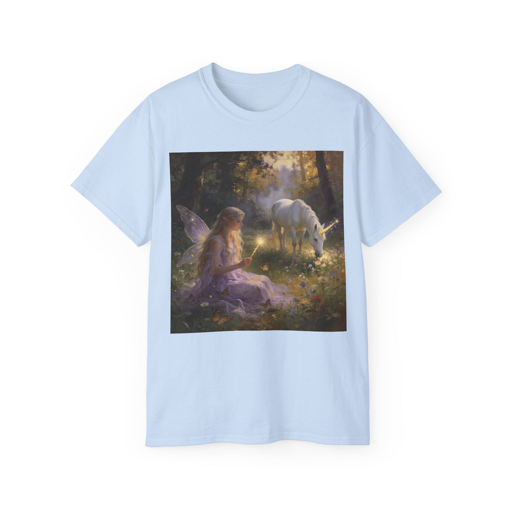 Fairy and Unicorn Cotton Forest Tee — Enchanted Fantasy Graphic T‑Shirt