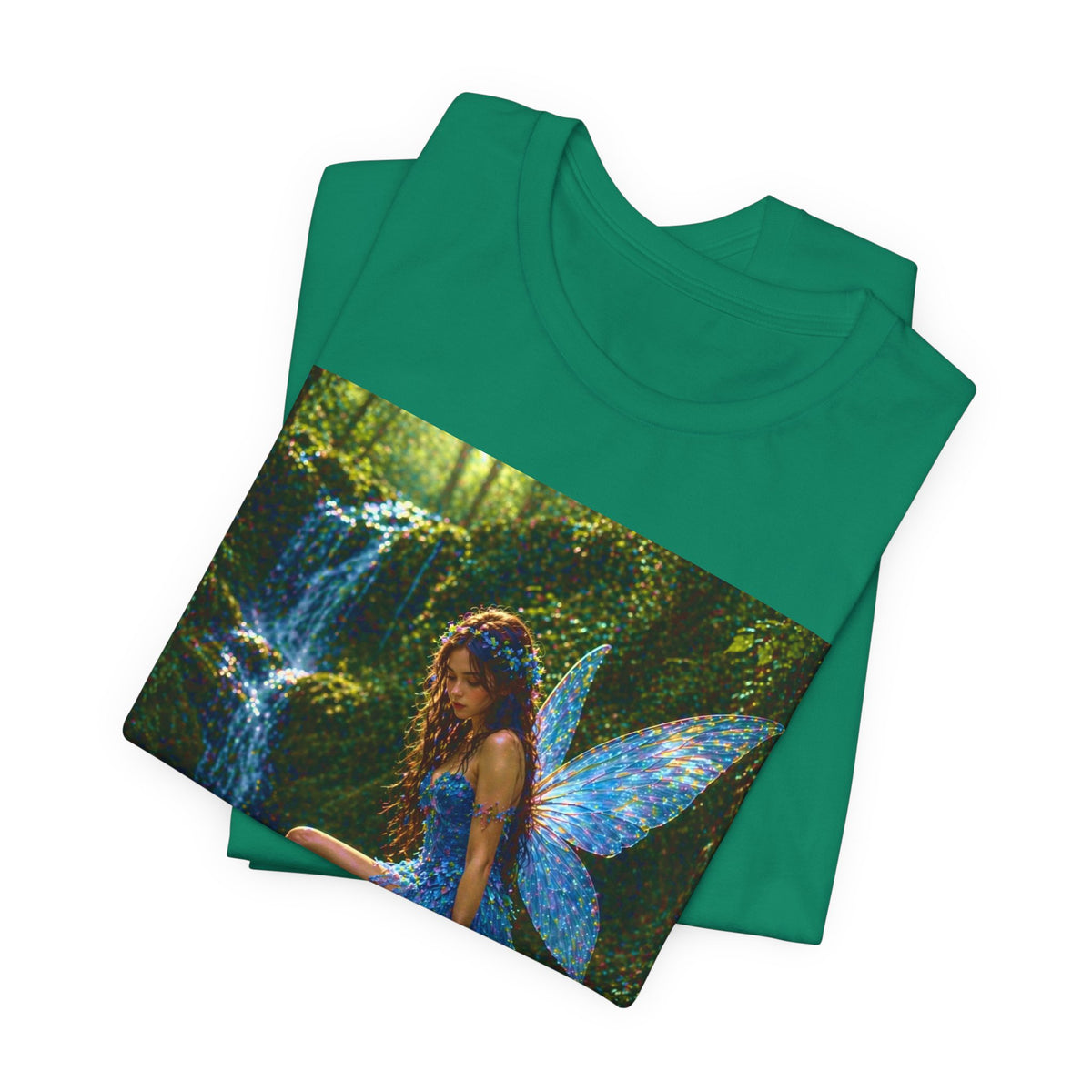 Fairy Forest T-Shirt — Enchanted Blue Fairy Sitting by Waterfall