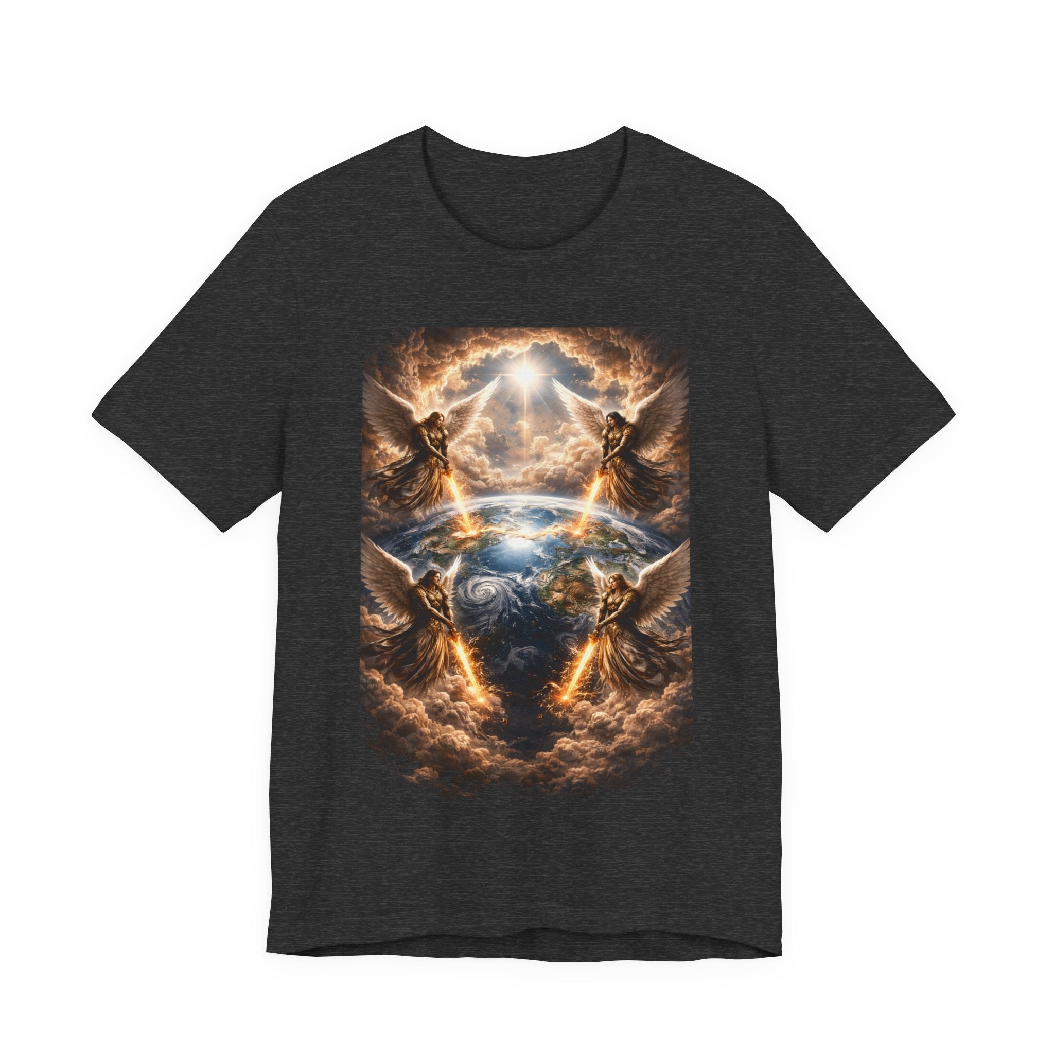 Revelation 7:1 Four angels standing on the four corners of the earth as seen from heaven-when the secound comingis near T‑Shirt — Heavenly Earth & Angels Graphic Tee