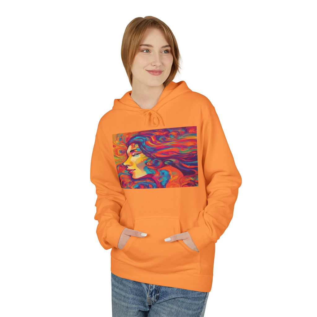 Colorful 1970s Psychedelic Woman Portrait Hoodie — Vibrant Retro Art Pullover
