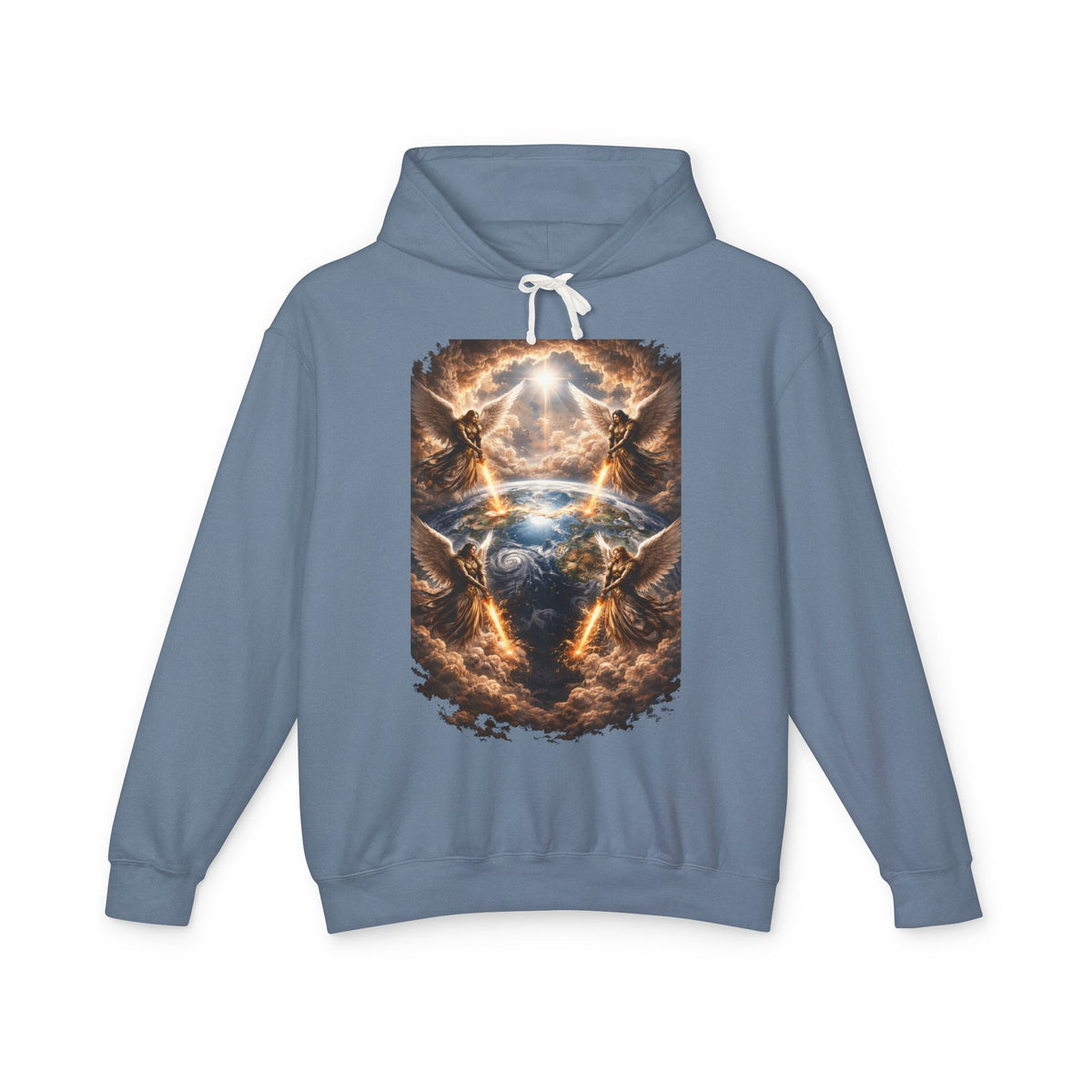Revelation 7:1 Four angels standing on the four corners of the earth as seen from heaven Apocalyptic Earth Graphic Hoodie — Cosmic Storms, Lightning & Angelic Light