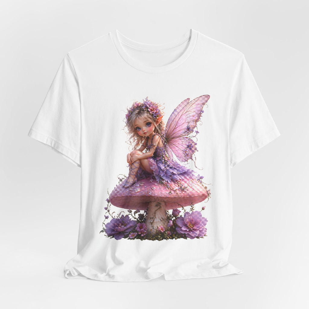 Fairy on Mushroom T-Shirt — Cute Pink Butterfly Fairy Graphic Tee for Kids & Adults