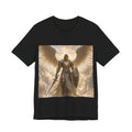 Archangel Warrior Graphic Tee — Golden Angel with Sword & Shield