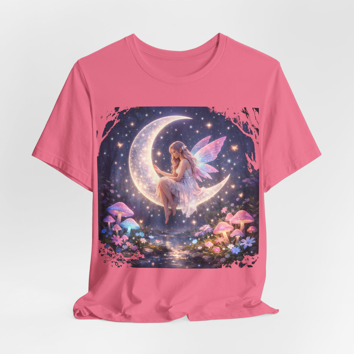 Fairy on the Moon T‑Shirt — Dreamy Fantasy Night Tee with Fairy and Mushrooms