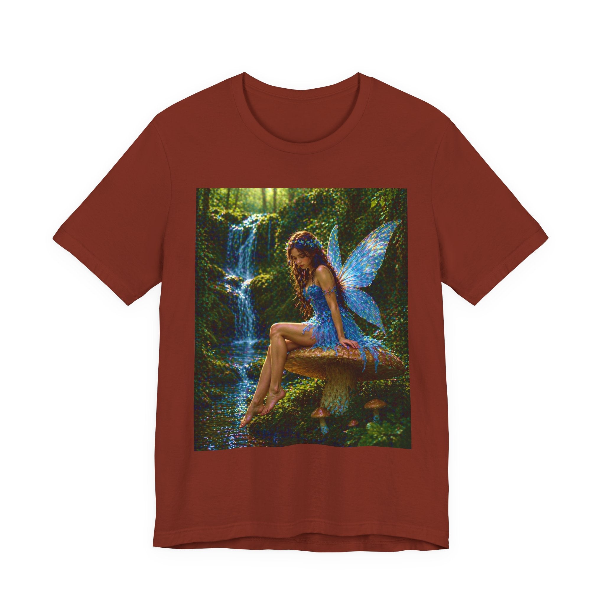 Fairy Forest T-Shirt — Enchanted Blue Fairy Sitting by Waterfall