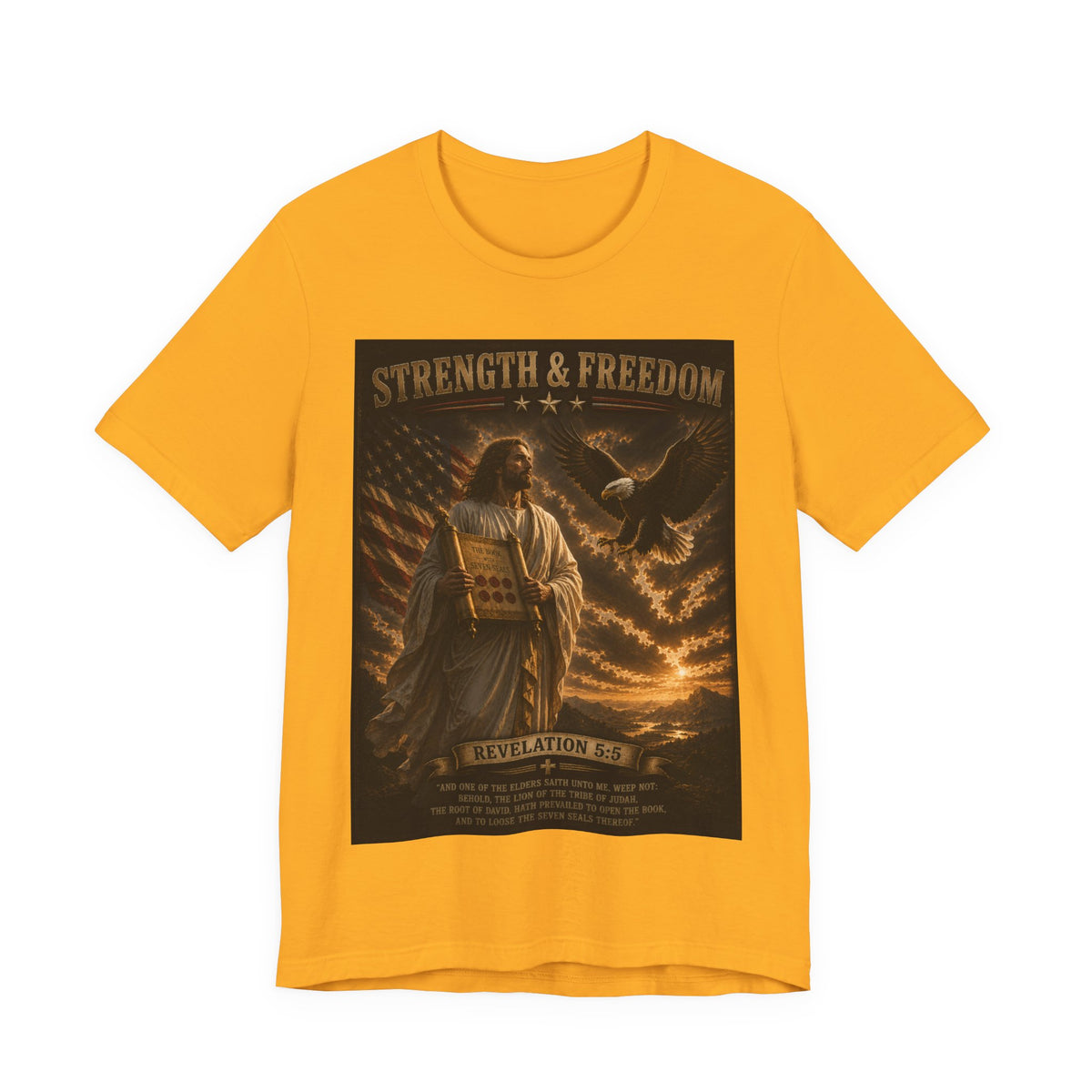 Strength & Freedom T-Shirt — Jesus with Tablets & Eagle, Revelation 20 Christian Tee