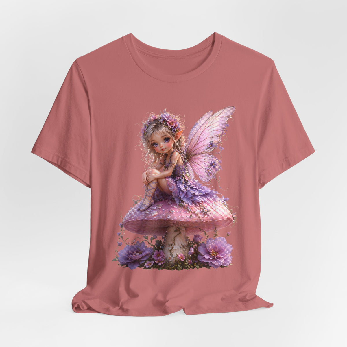 Fairy on Mushroom T-Shirt — Cute Pink Butterfly Fairy Graphic Tee for Kids & Adults