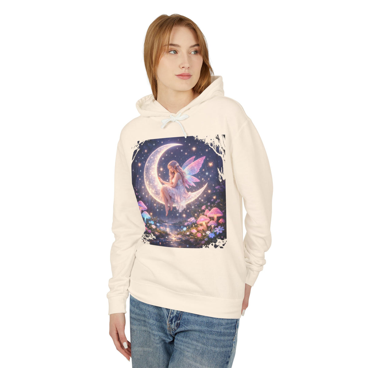 Fairy on the Moon Hoodie — Magical Mushroom Night Sky Pullover