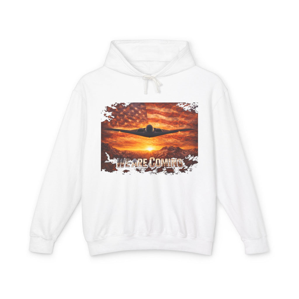 USA B2 Spirt--Airplane Sunset Hoodie — "Wherever I Roam" Vintage Flag Pilot Sweatshirt