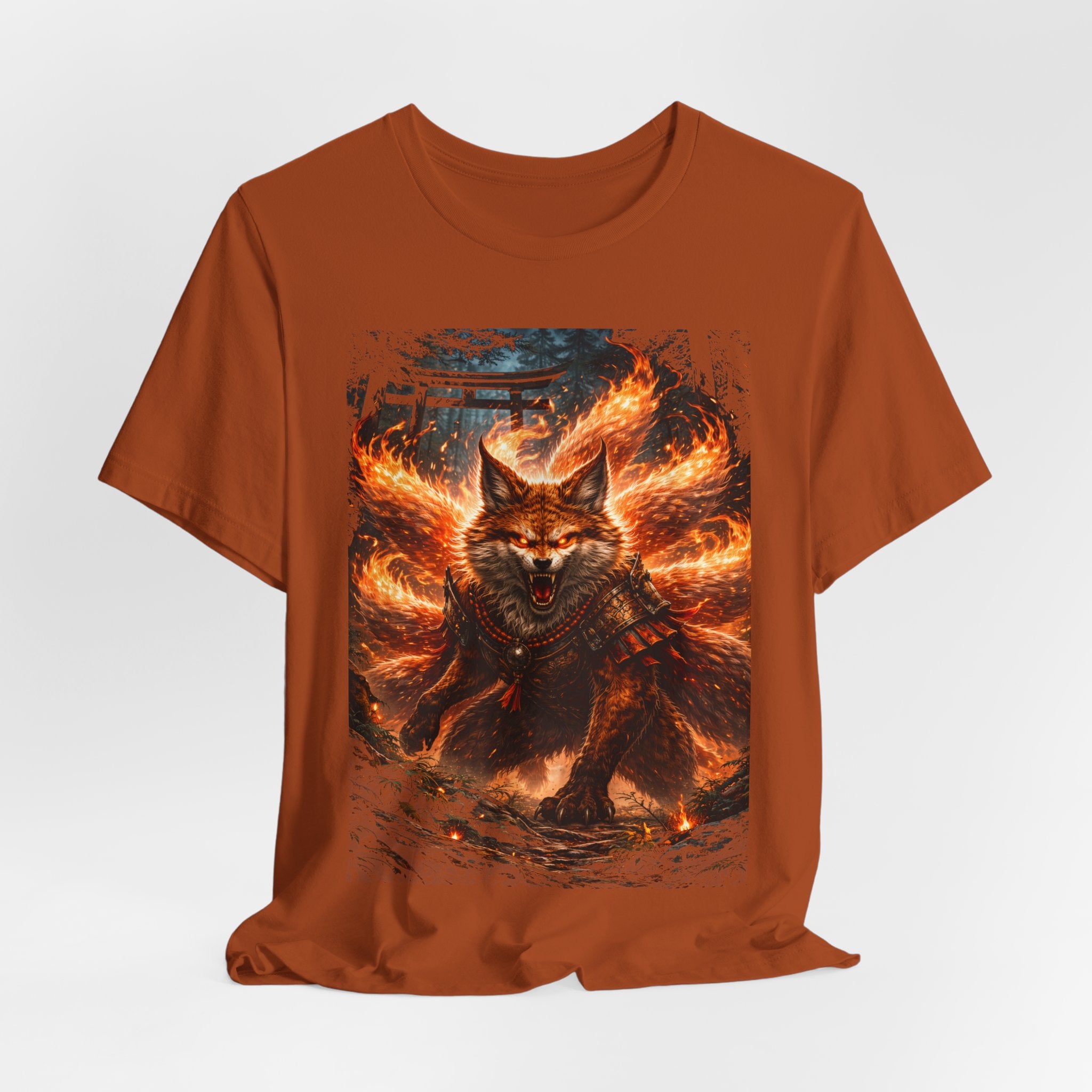 Fiery Nine-Tailed Fox Graphic Tee – Mythic Kitsune Flame Shirt