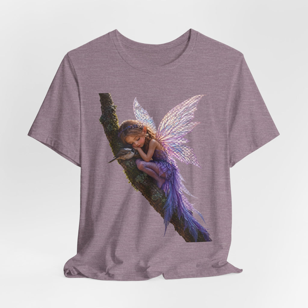Fairy Sleeping on Branch T-Shirt — Magical Purple Fairy Tee for Women & Girls