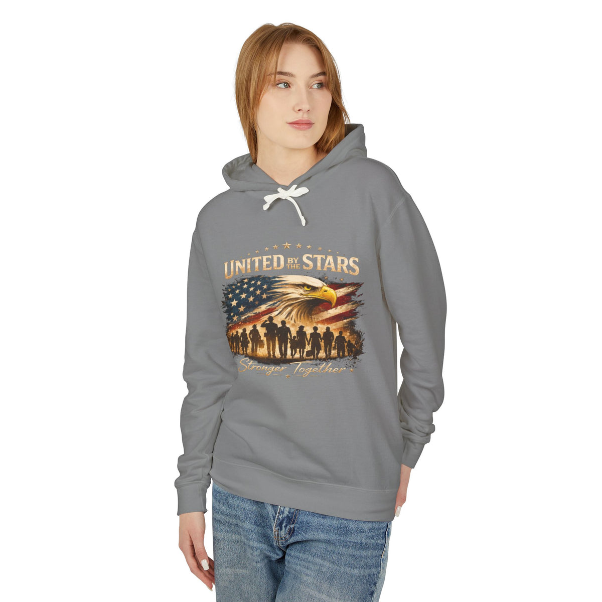 United By The Stars Eagle Flag Hoodie — "Stronger Together" Patriotic Military Veteran Pullover