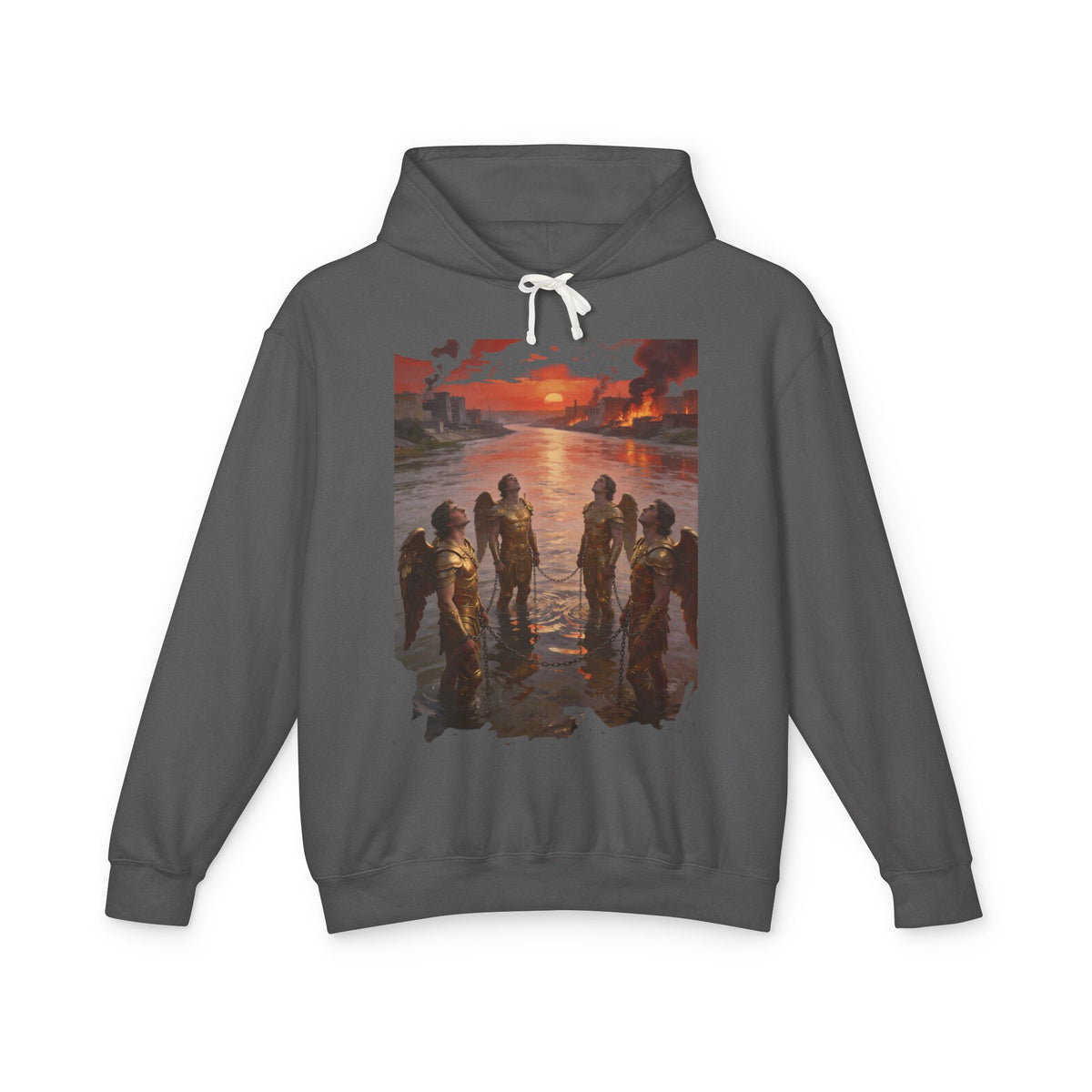 Revelation 9 reveals four fallen angels bound in the Euphrates River  Crew Hooded Sweatshirt