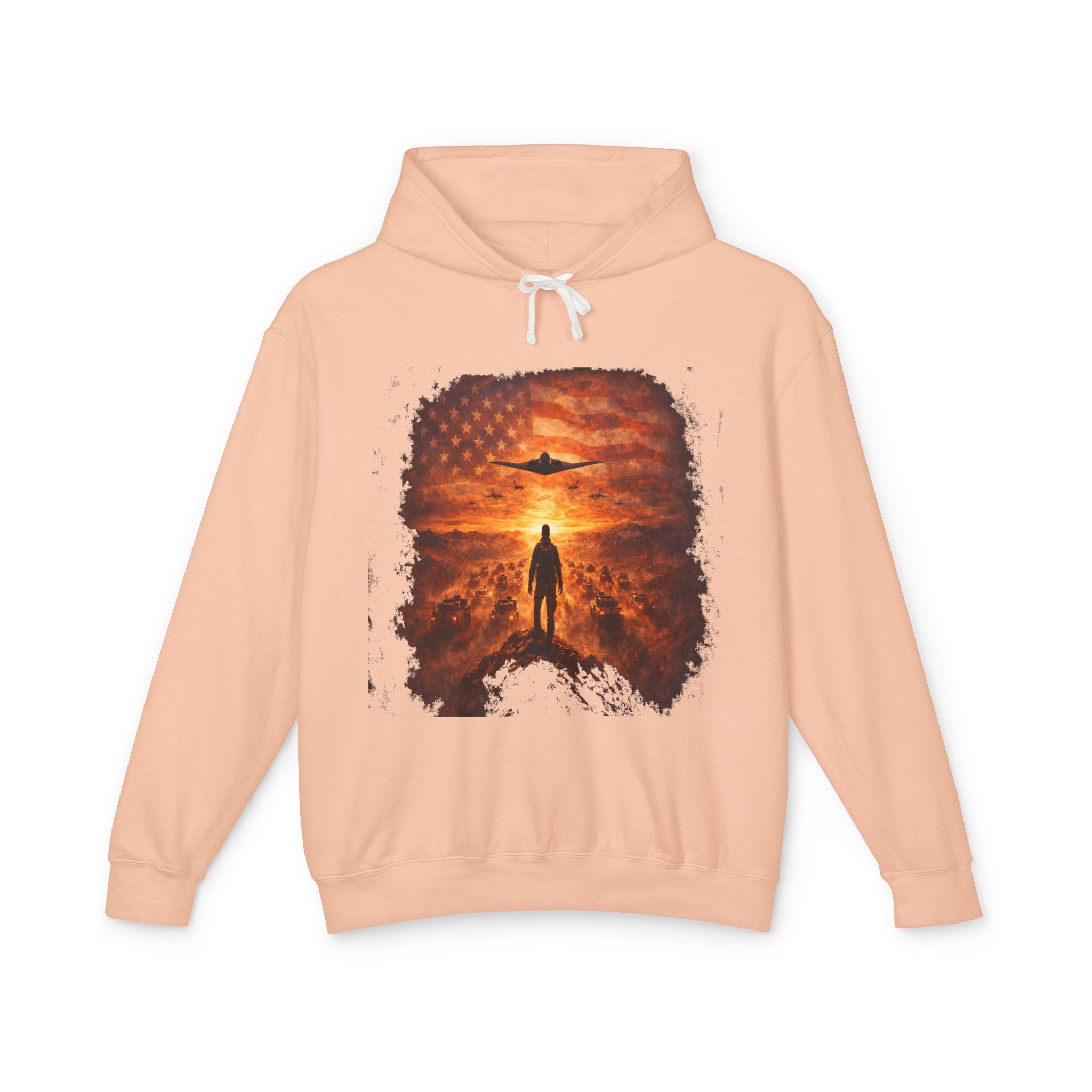 B2 Sprite---Sunset Flag Hoodie — Alien Silhouette American Flag Graphic