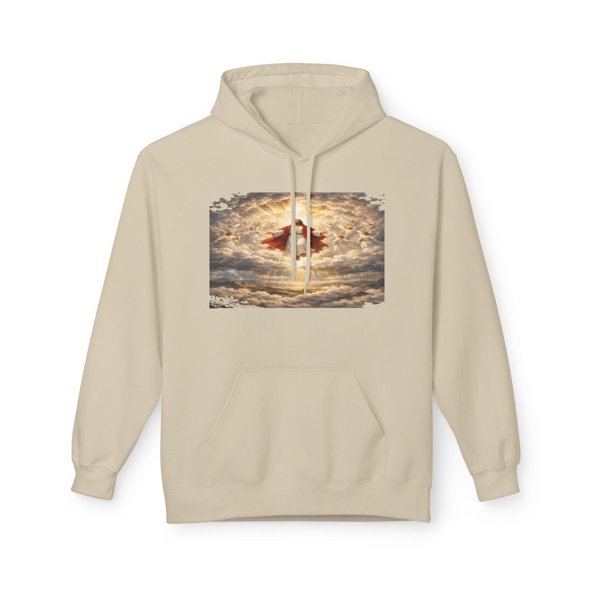 Jesus Christ Second Coming-Angel in the Clouds Hoodie — Spiritual Sunrise Graphic Hoodie