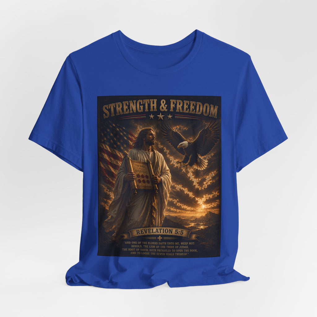 Strength & Freedom T-Shirt — Jesus with Tablets & Eagle, Revelation 20 Christian Tee