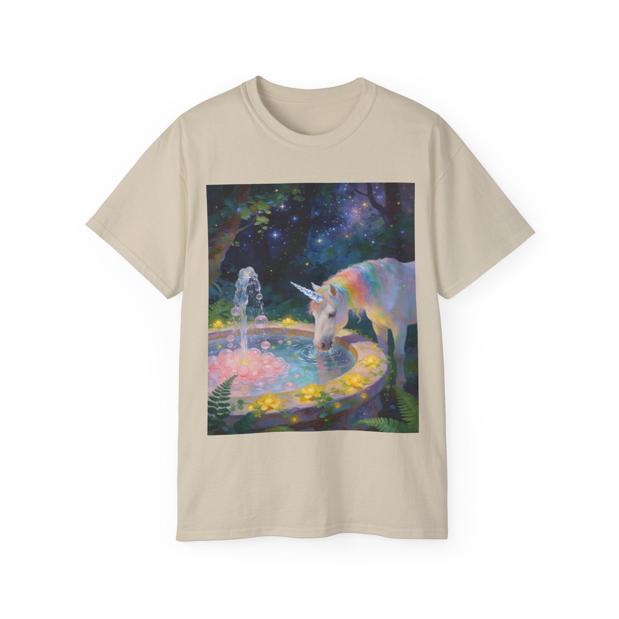 Copy of Unicorn Night Garden Tee — Rainbow Unicorn at Moonlit Fountain T-Shirt