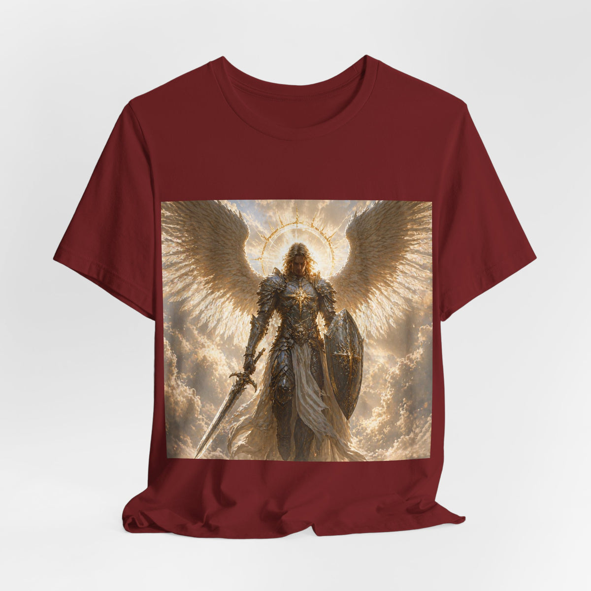 Archangel Warrior Graphic Tee — Golden Angel with Sword & Shield