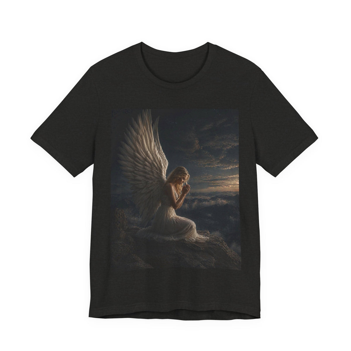 Angel Prayer Graphic Tee — Serene Winged Angel Shirt for Spiritual & Memorial Comfort