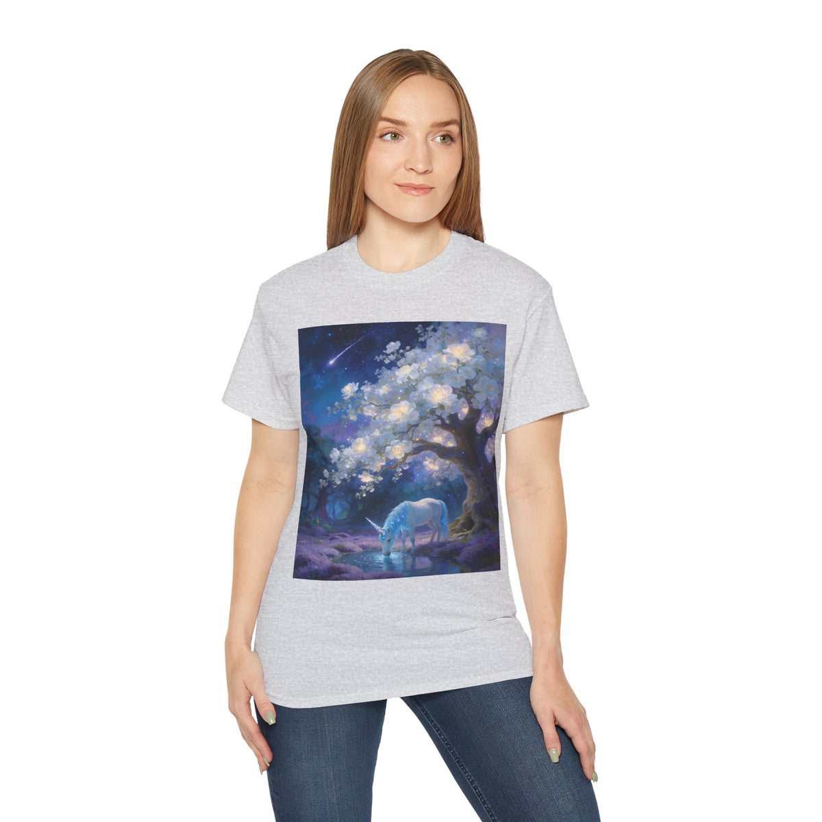Unicorn Mystic Night Sheep Cotton Tee — Dreamy Moonlit Tree Art T-Shirt