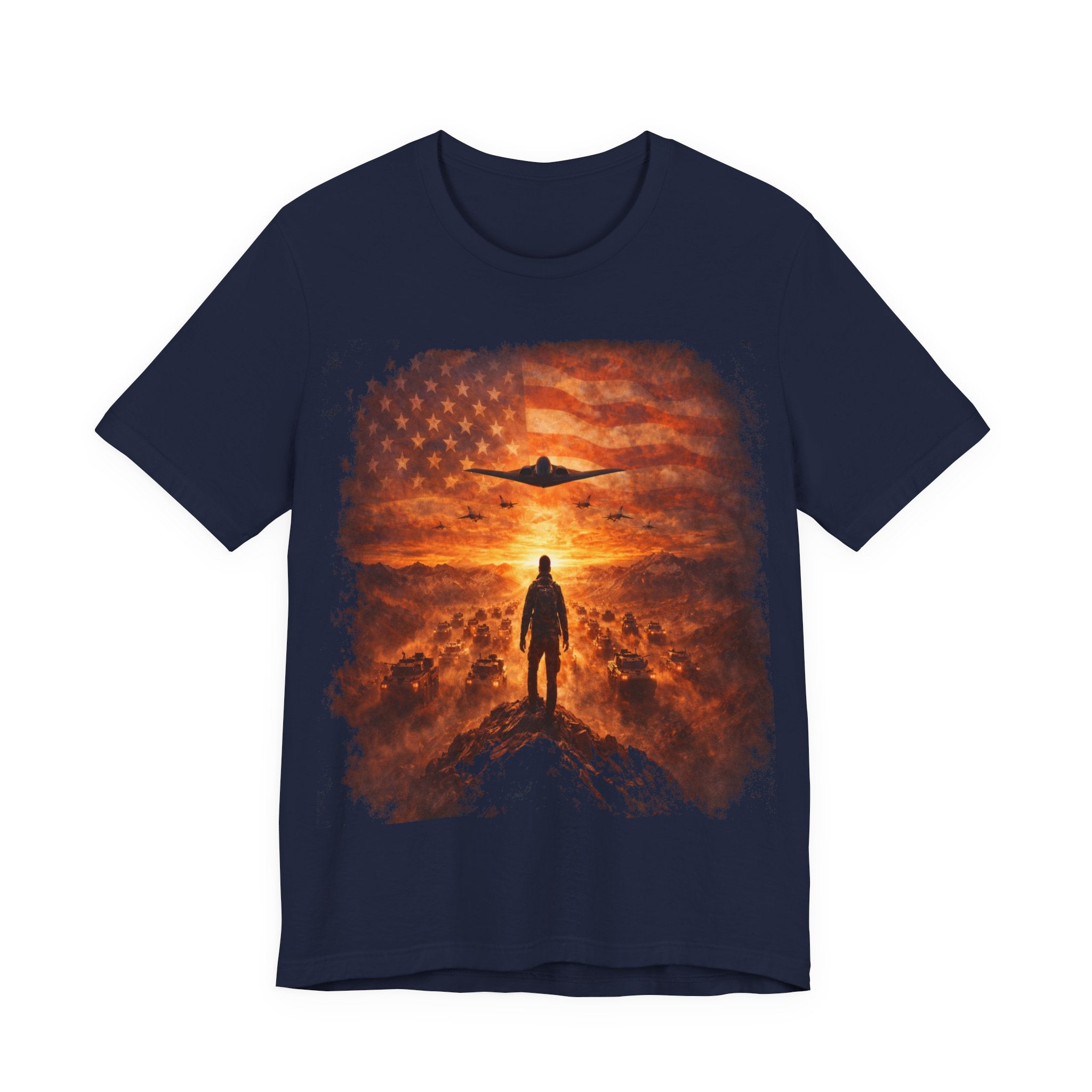 USA-Military Aviation T-Shirt — Bomber Silhouette with American Flag Sunset