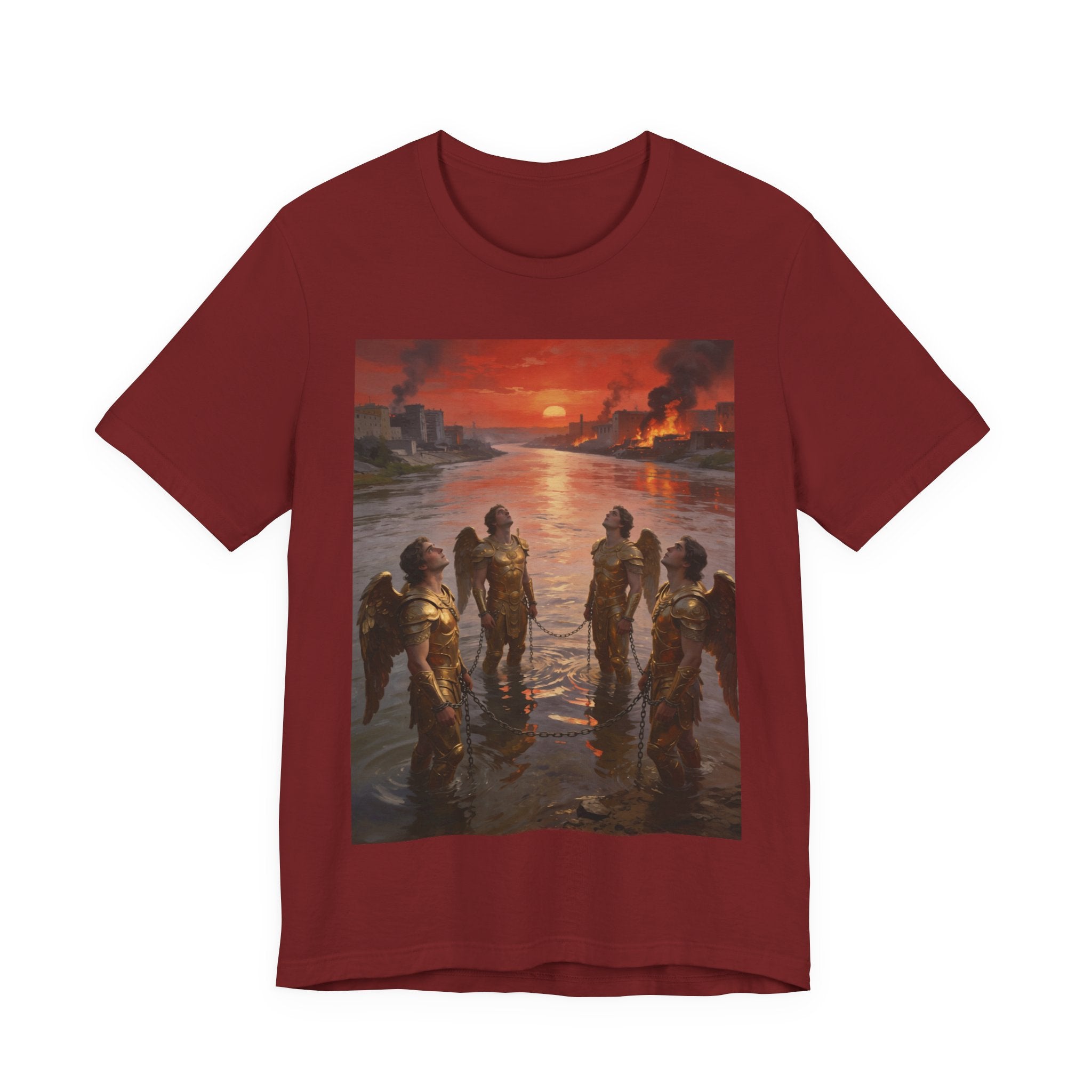 Revelation 9 reveals four fallen angels bound in the Euphrates River, awaiting God’s appointed time to bring judgment. T-Shirt