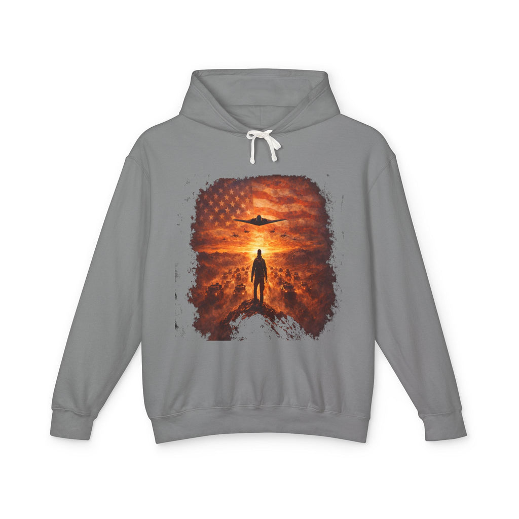 B2 Sprite---Sunset Flag Hoodie — Alien Silhouette American Flag Graphic