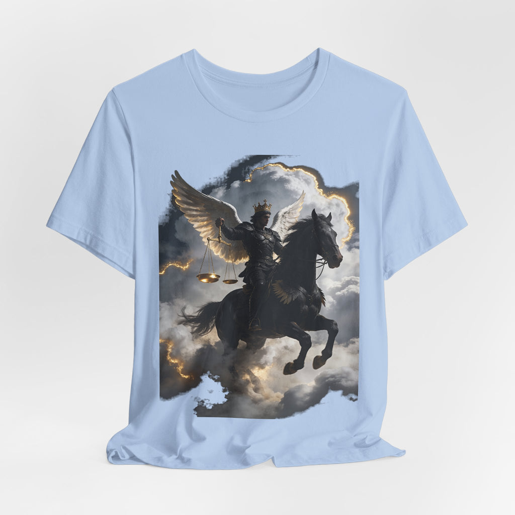 Revelation 6:5-6! And on the horse was a rider with wings as an angle dress as an warrior in black holding a golden a pair of scalesT‑Shirt — Winged Knight Graphic Tee