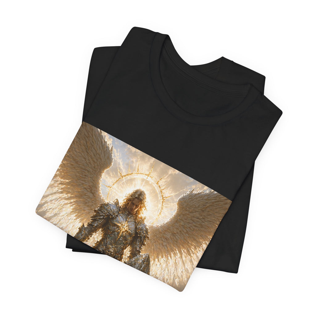 Archangel Warrior Graphic Tee — Golden Angel with Sword & Shield