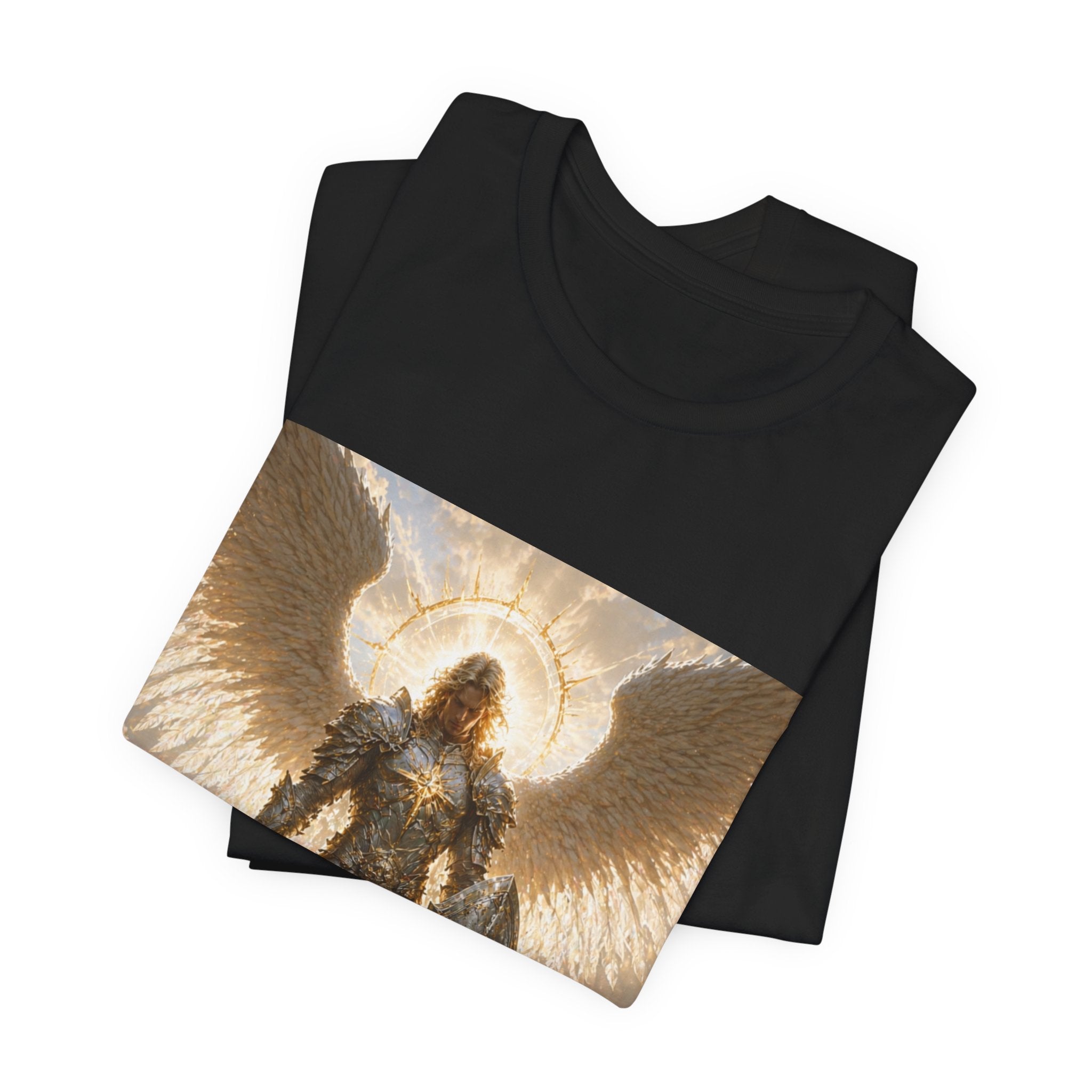 Archangel Warrior Graphic Tee — Golden Angel with Sword & Shield
