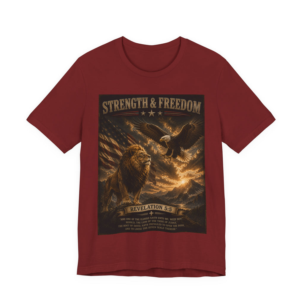 Strength & Freedom Christian Lion Tee – Revelation 5:5 Inspirational Graphic T-Shirt
