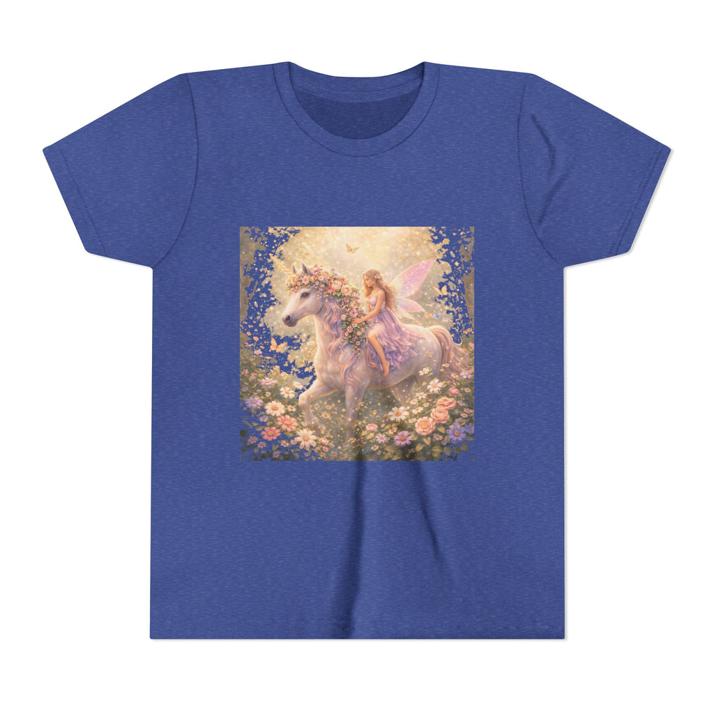 Youth Tee — Magical Fairy Riding Unicorn in Floral Garden Kids Shirt
