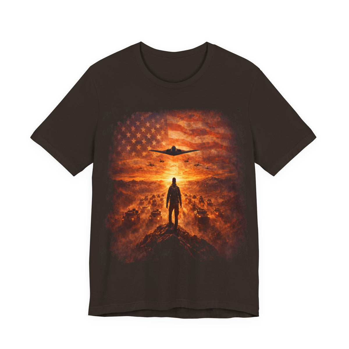 USA-Military Aviation T-Shirt — Bomber Silhouette with American Flag Sunset