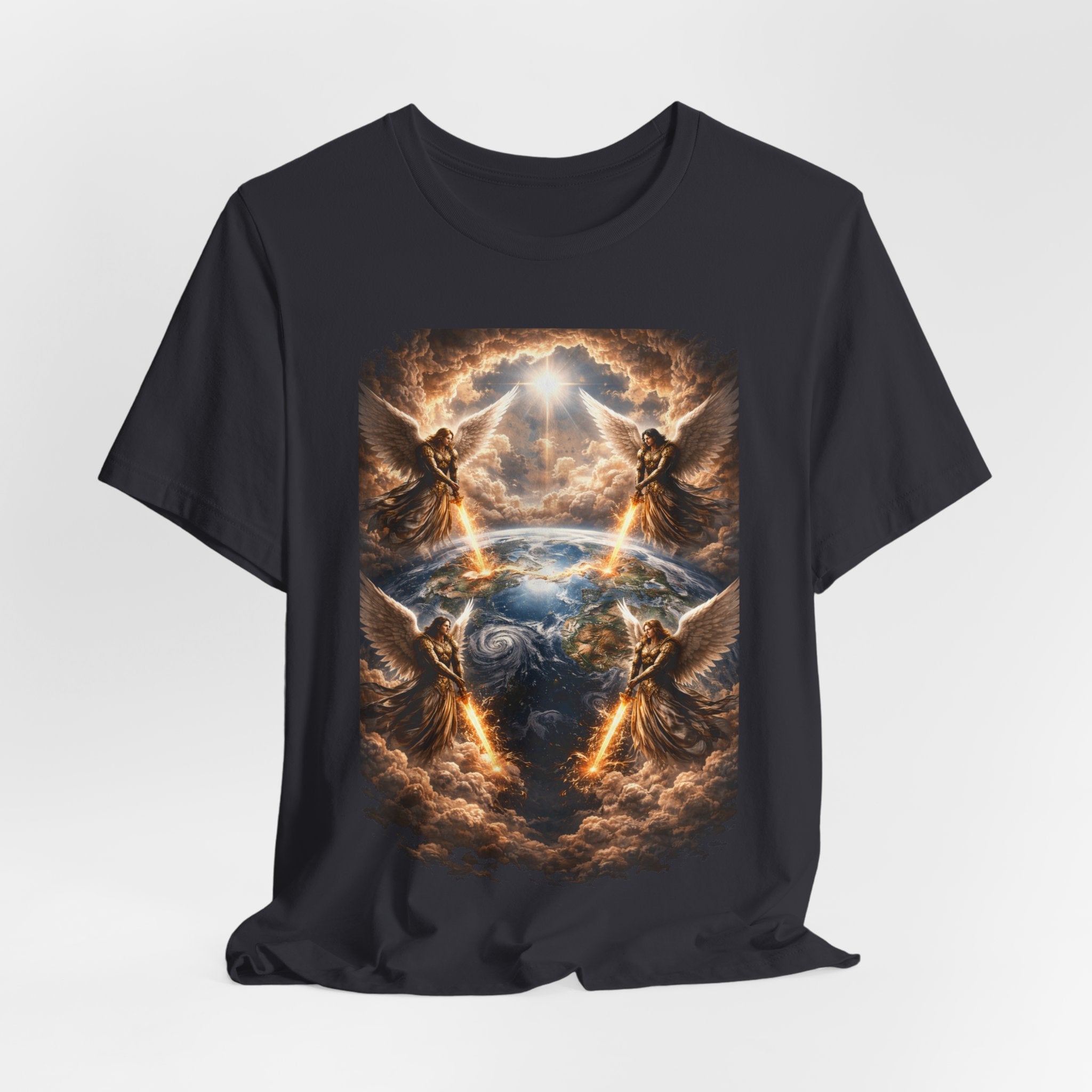 Revelation 7:1 Four angels standing on the four corners of the earth as seen from heaven-when the secound comingis near T‑Shirt — Heavenly Earth & Angels Graphic Tee