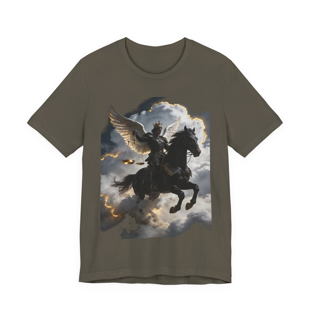 Revelation 6:5-6! And on the horse was a rider with wings as an angle dress as an warrior in black holding a golden a pair of scalesT‑Shirt — Winged Knight Graphic Tee