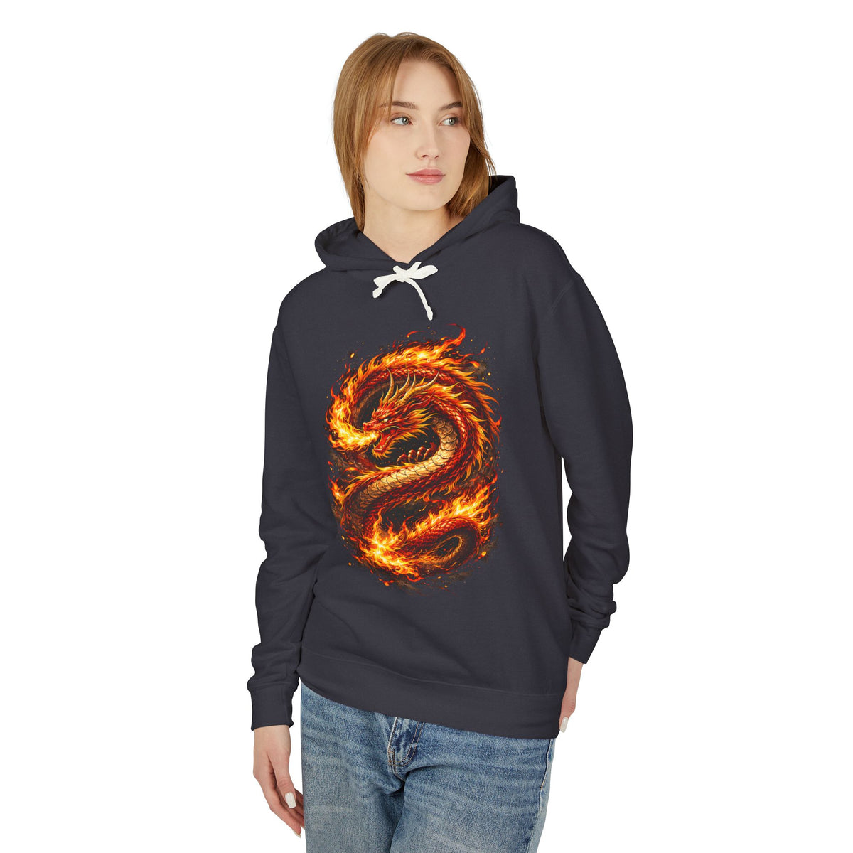 Flaming Dragon Hoodie — Fiery Mythical Dragon Graphic Sweatshirt