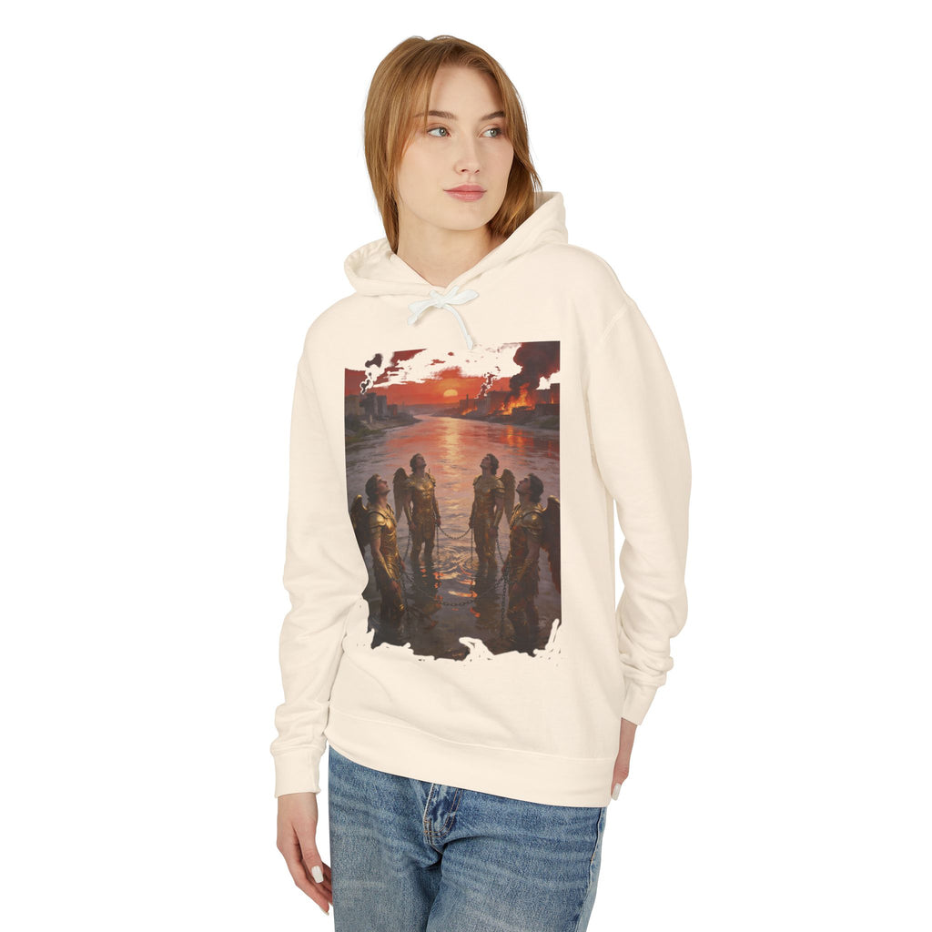 Revelation 9 reveals four fallen angels bound in the Euphrates River  Crew Hooded Sweatshirt
