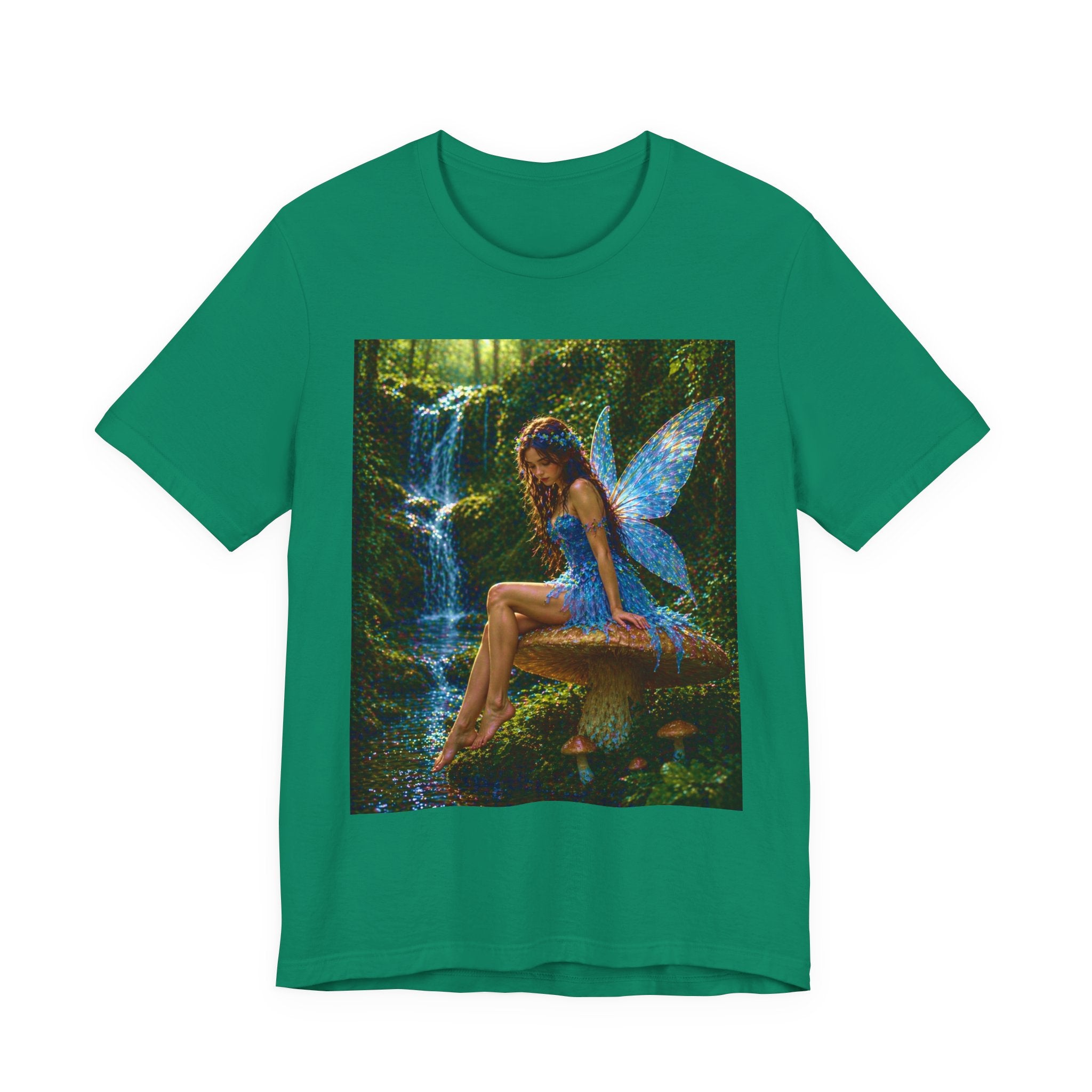 Fairy Forest T-Shirt — Enchanted Blue Fairy Sitting by Waterfall