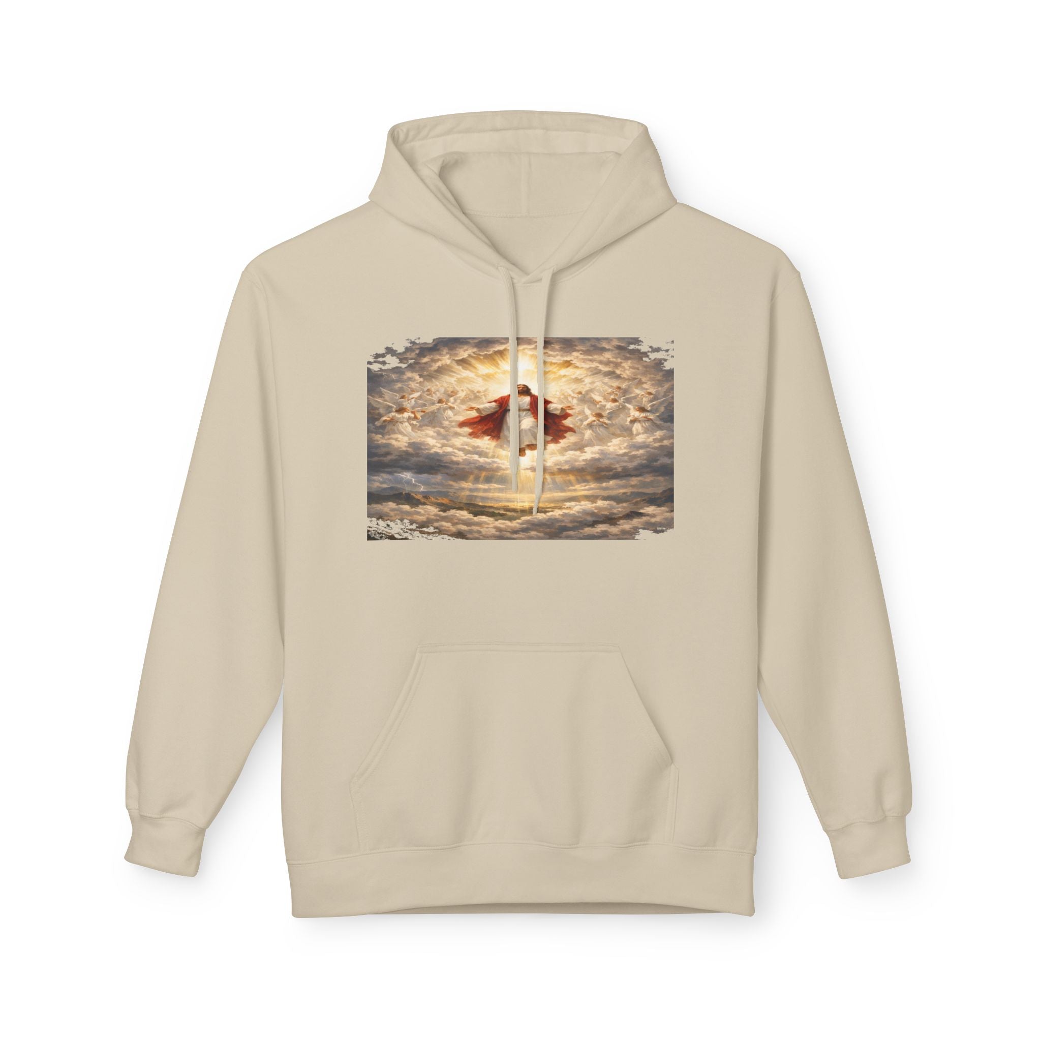 Jesus Christ Second Coming-Angel in the Clouds Hoodie — Spiritual Sunrise Graphic Hoodie