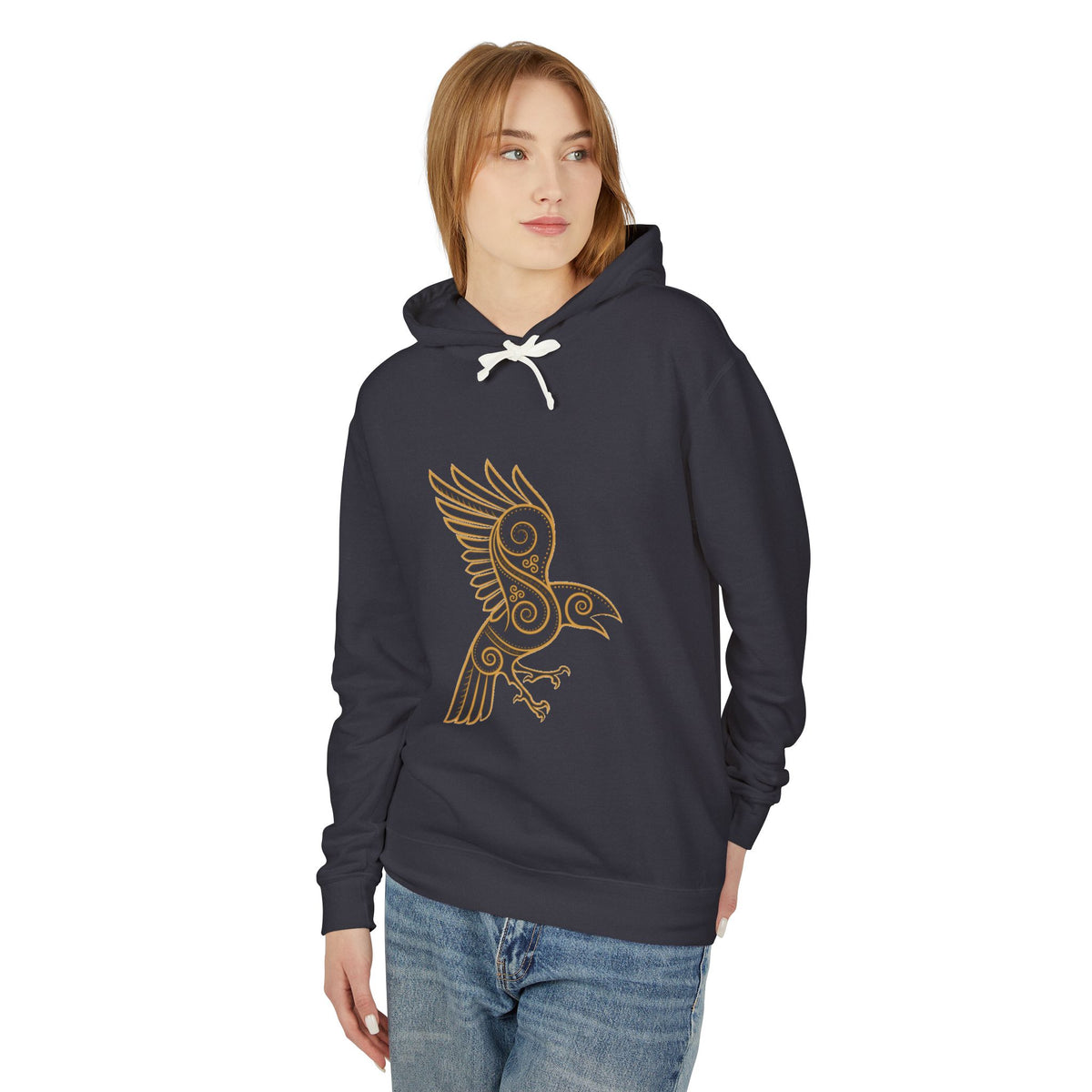 Celtic Raven Hoodie — Minimal Tribal Bird Graphic Lightweight Hooded Sweatshirt