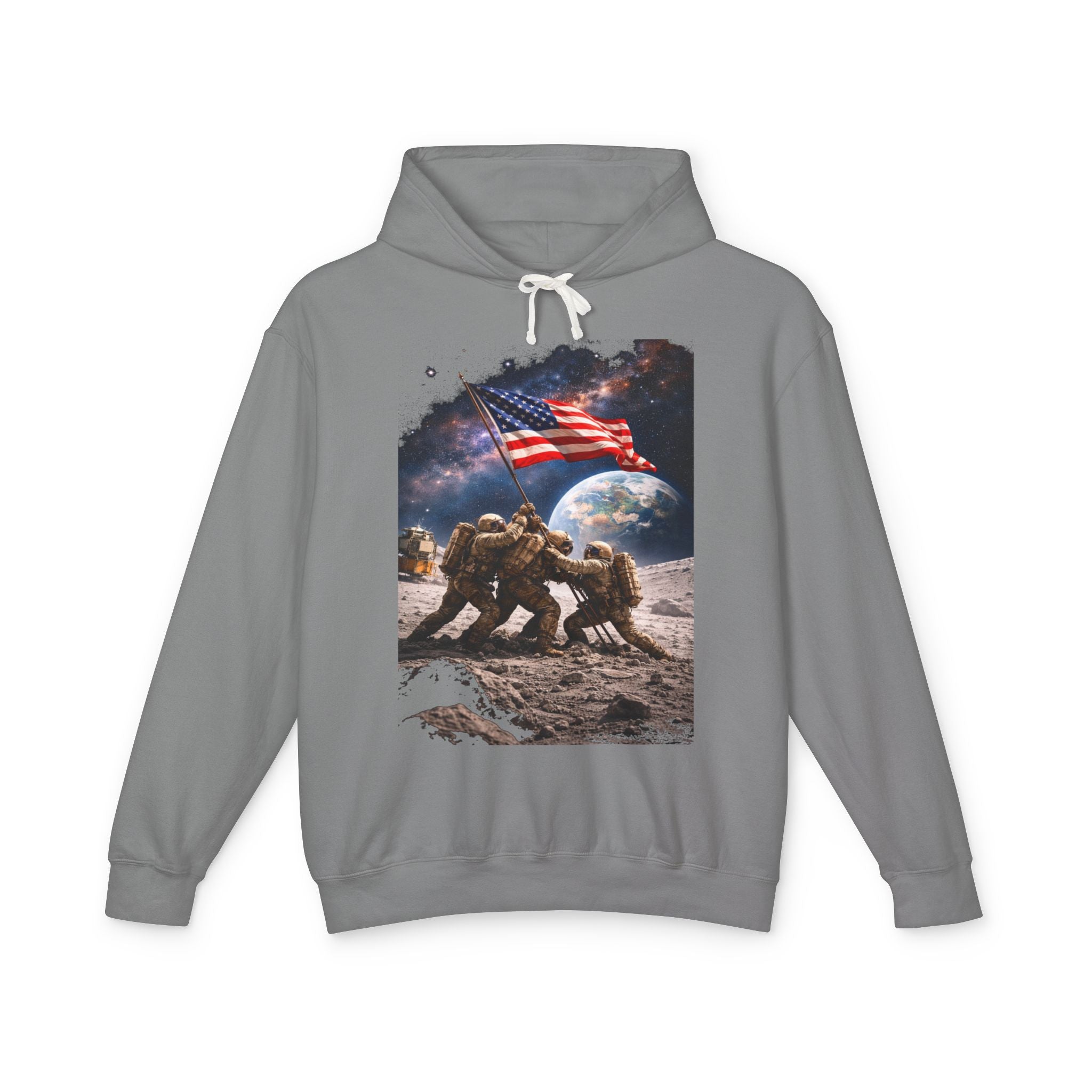 Patriotic Moon Landing Hoodie — Astronauts Raising American Flag Graphic
