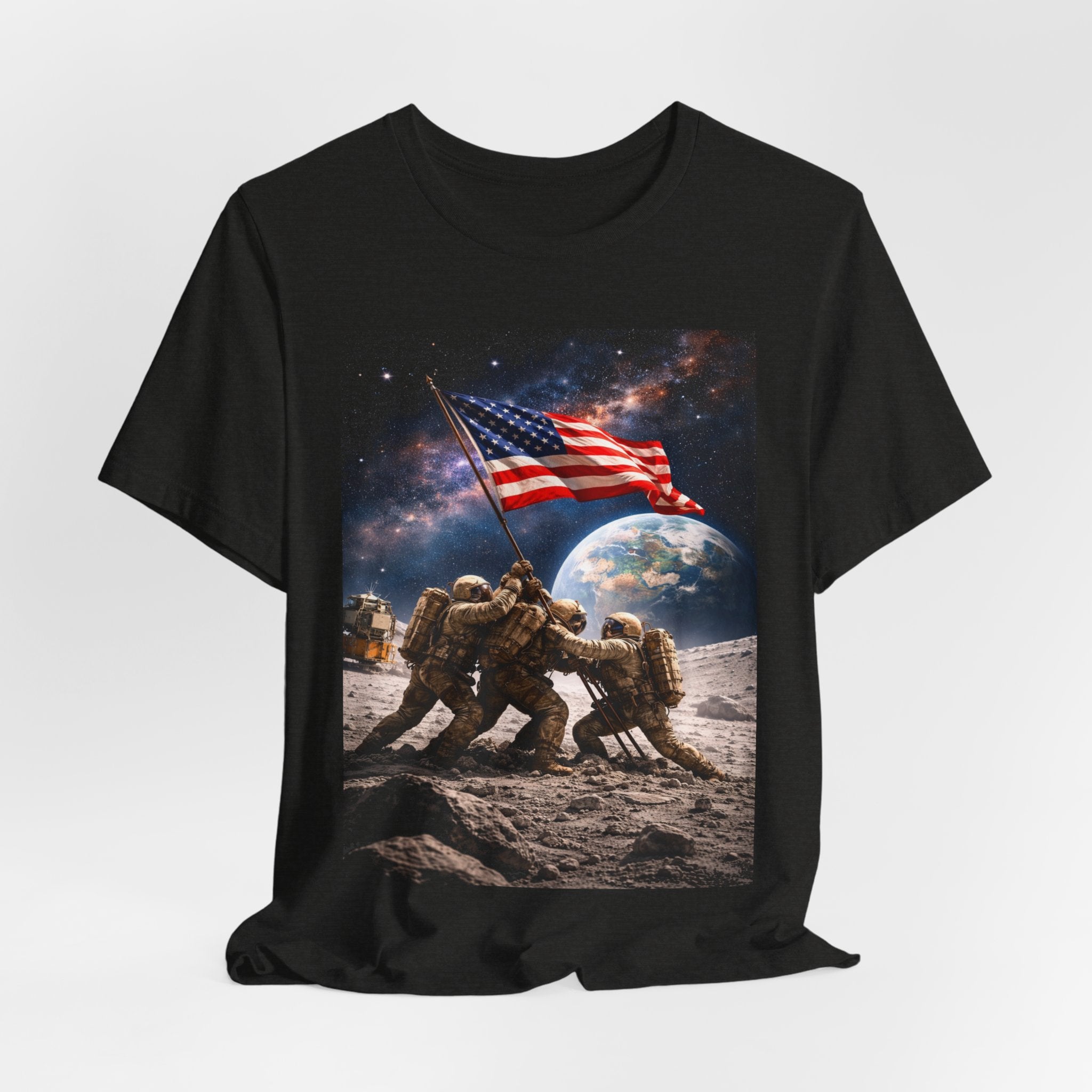 Patriotic Moon Landing Tee — Soldiers Raising American Flag Graphic T-Shirt