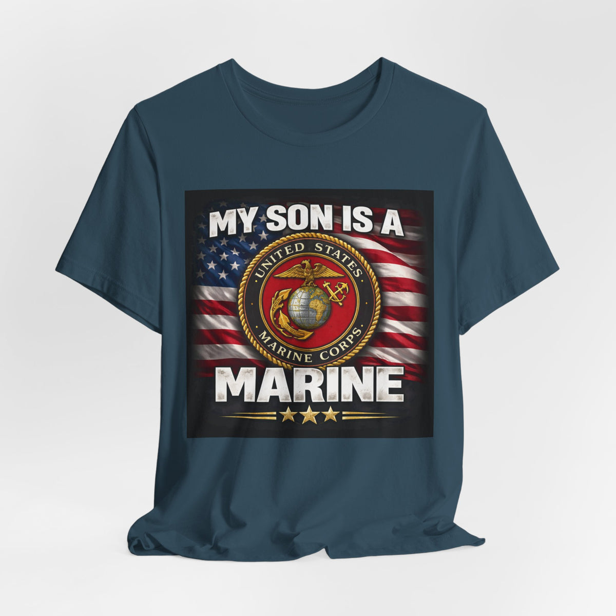 Marine Pride T-Shirt — "My Son Is A Marine" American Flag Emblem