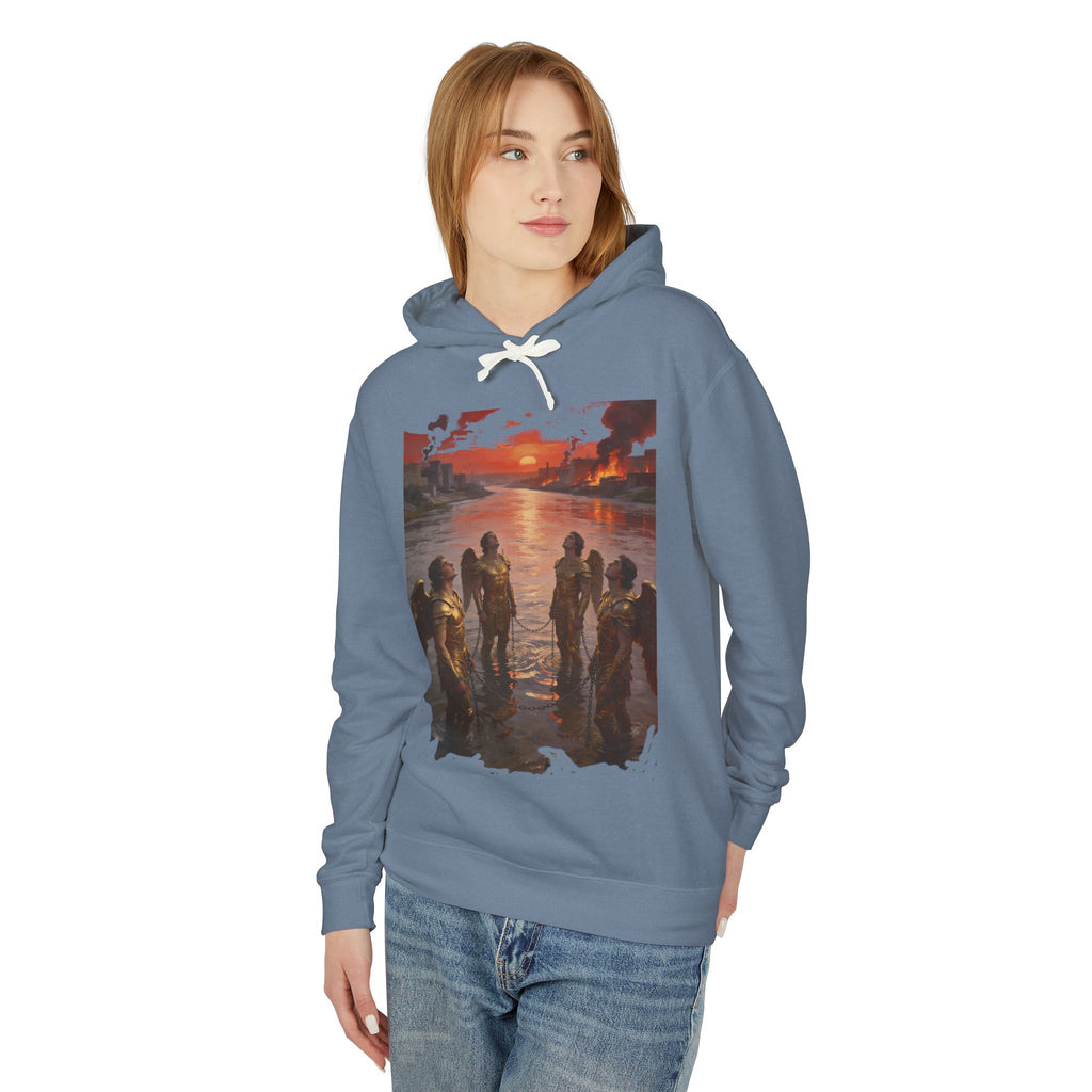 Revelation 9 reveals four fallen angels bound in the Euphrates River  Crew Hooded Sweatshirt